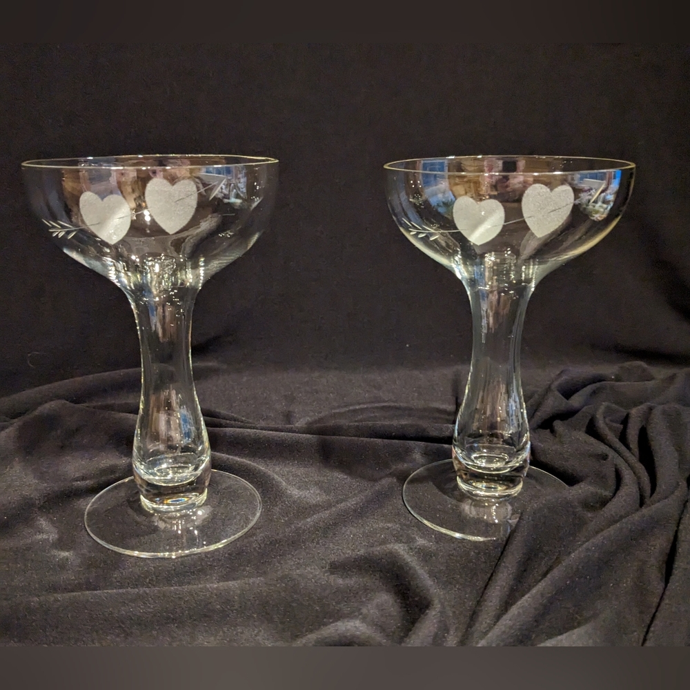 Vintage Hollow Stem Champagne Glasses with hearts & arrows. Set of 2